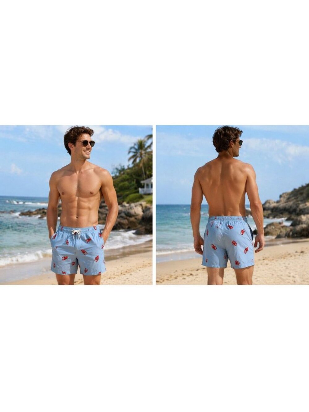 Hollister Lobster Swim Trunks Mens Small Blue Red Print Lined Drawstring Shorts